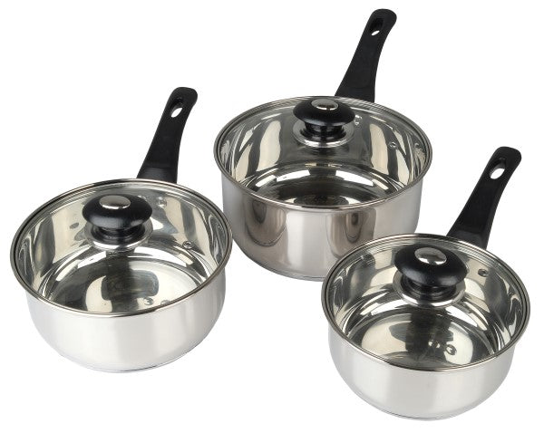 3pc Stainless Steel Sauce Pan Set (16/18/20cm) & Glass Lids