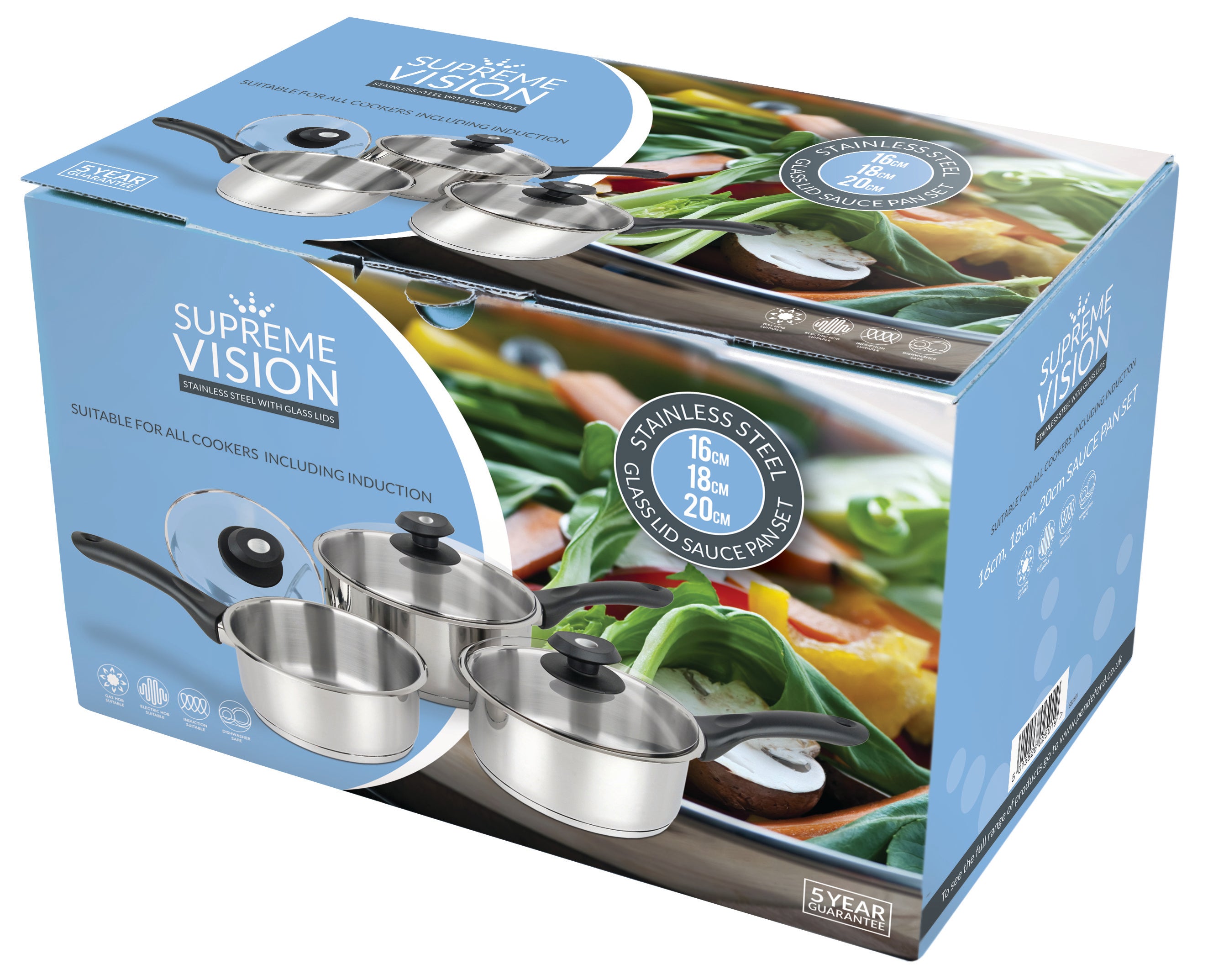 3pc Stainless Steel Sauce Pan Set (16/18/20cm) & Glass Lids